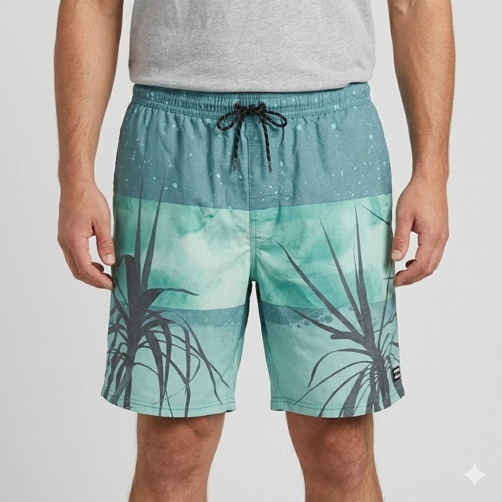 Billabong Laybacks‎ Board Shorts Tropical Teal Green Palm Print Mens Size XL